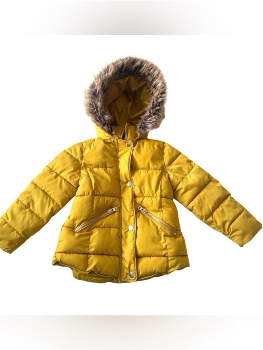 ZARA Mustard Yellow Puffer Jacket with Faux Fur Hood